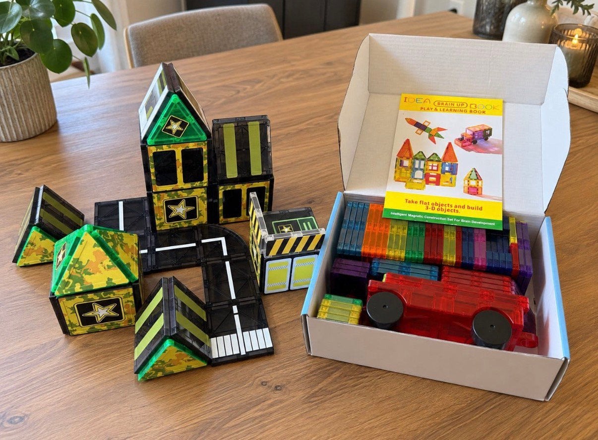 Magnetic Tiles 108 stuks – Legerset + auto onderstel, Ophalen of Verzenden, Zo goed als nieuw, Overige merken