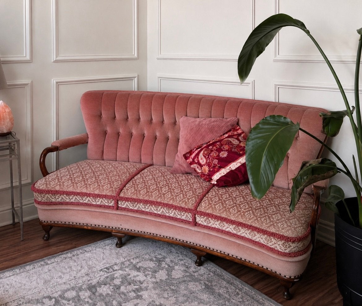 Vintage roze bank, sofa queen ann. Barok , velours velvet, Ophalen of Verzenden