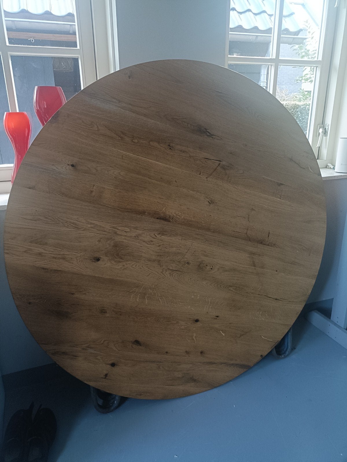 Ronde eikenhouten tafelblad - 150 cm diameter, Huis en Inrichting, Gebruikt, 150 tot 200 cm, Ophalen of Verzenden, 150 tot 200 cm
