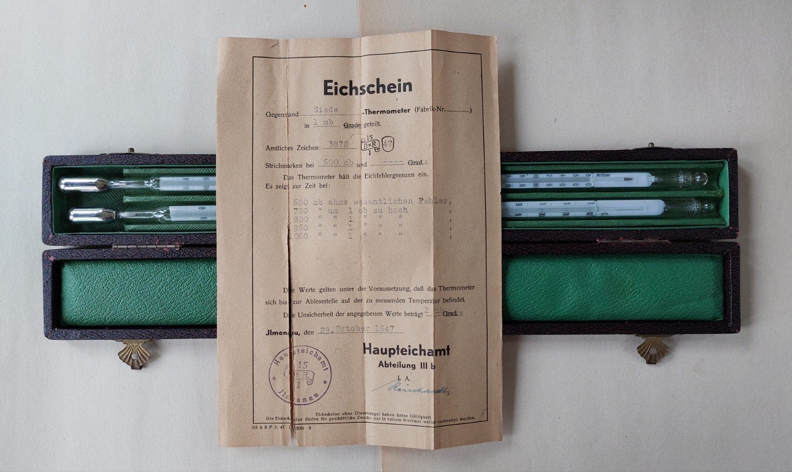 Antieke Barometer/Thermometer Set in Luxe Kistje - 1947, Antiek en Kunst, Antiek | Gereedschap en Instrumenten, Ophalen of Verzenden