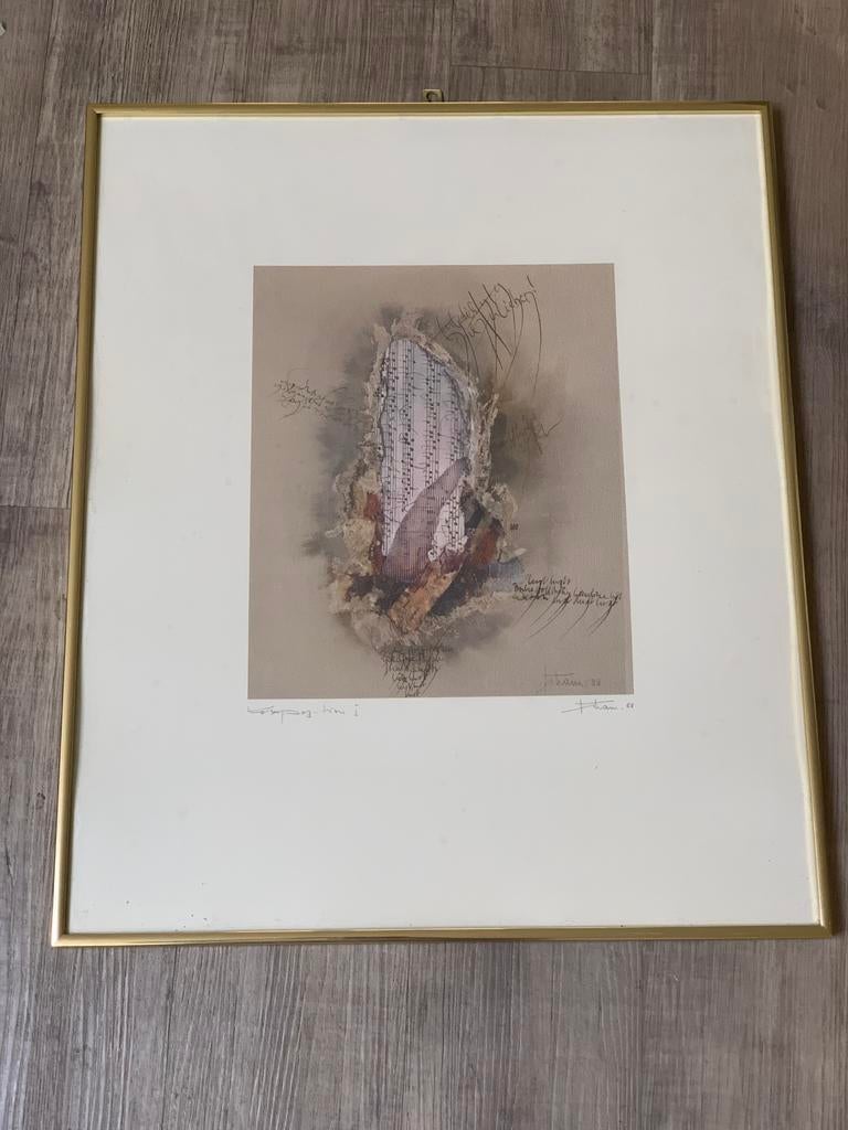 Mooie aquarel met muzieknoten in lijst, Antiek en Kunst, Kunst | Etsen en Gravures, Ophalen of Verzenden