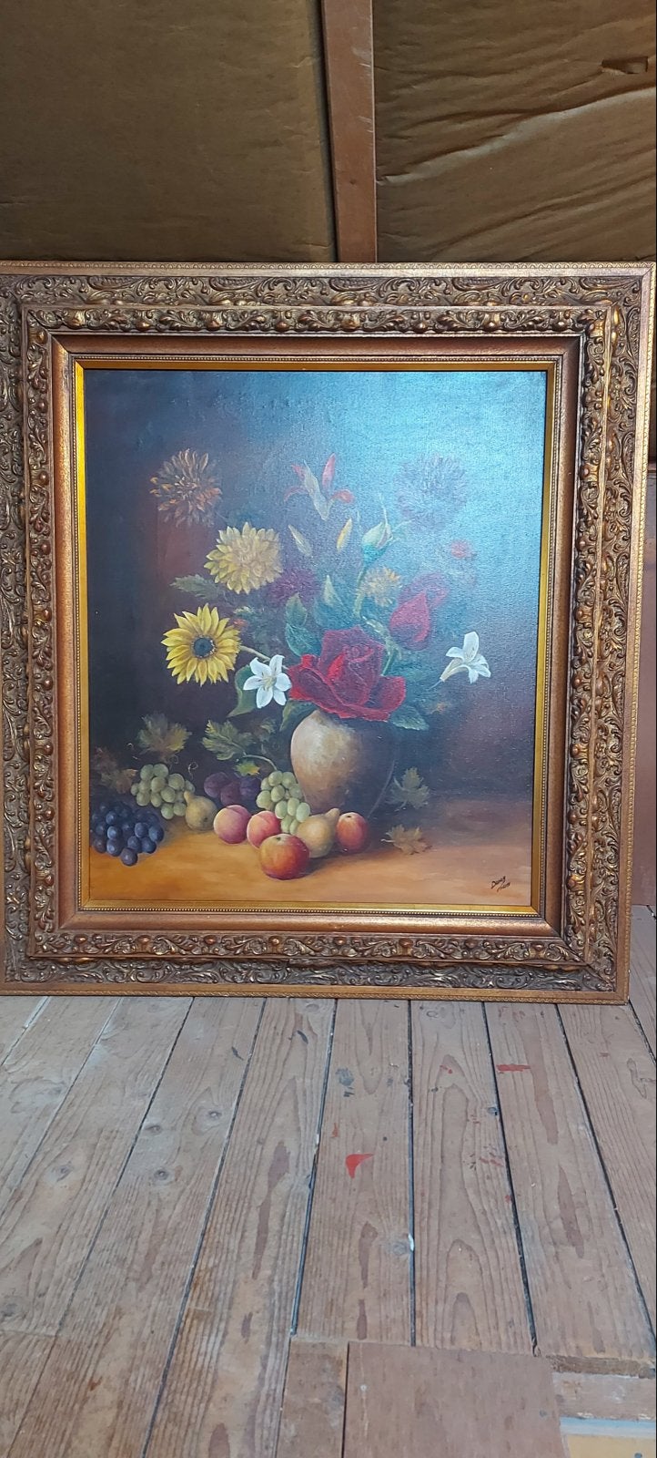Prachtig stilleven met bloemen en fruit, gesigneerd, Antiek en Kunst, Doek, Stilleven, Ophalen of Verzenden, Gesigneerd