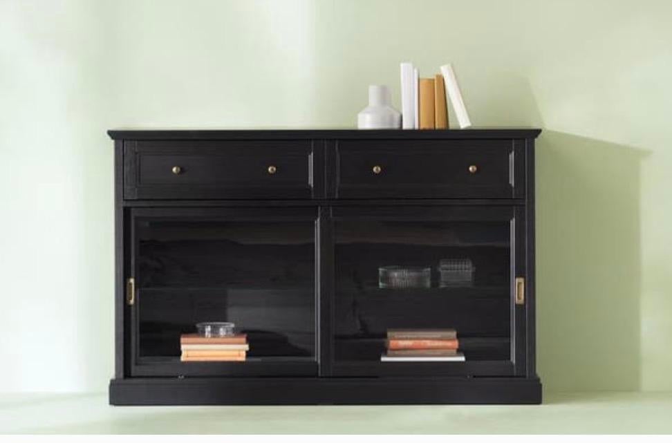 IKEA Malsjö Zwart dressoir met lades en glazen schuifdeuren, Huis en Inrichting, Kasten | Dressoirs, Ophalen, Gebruikt, 100 tot 150 cm