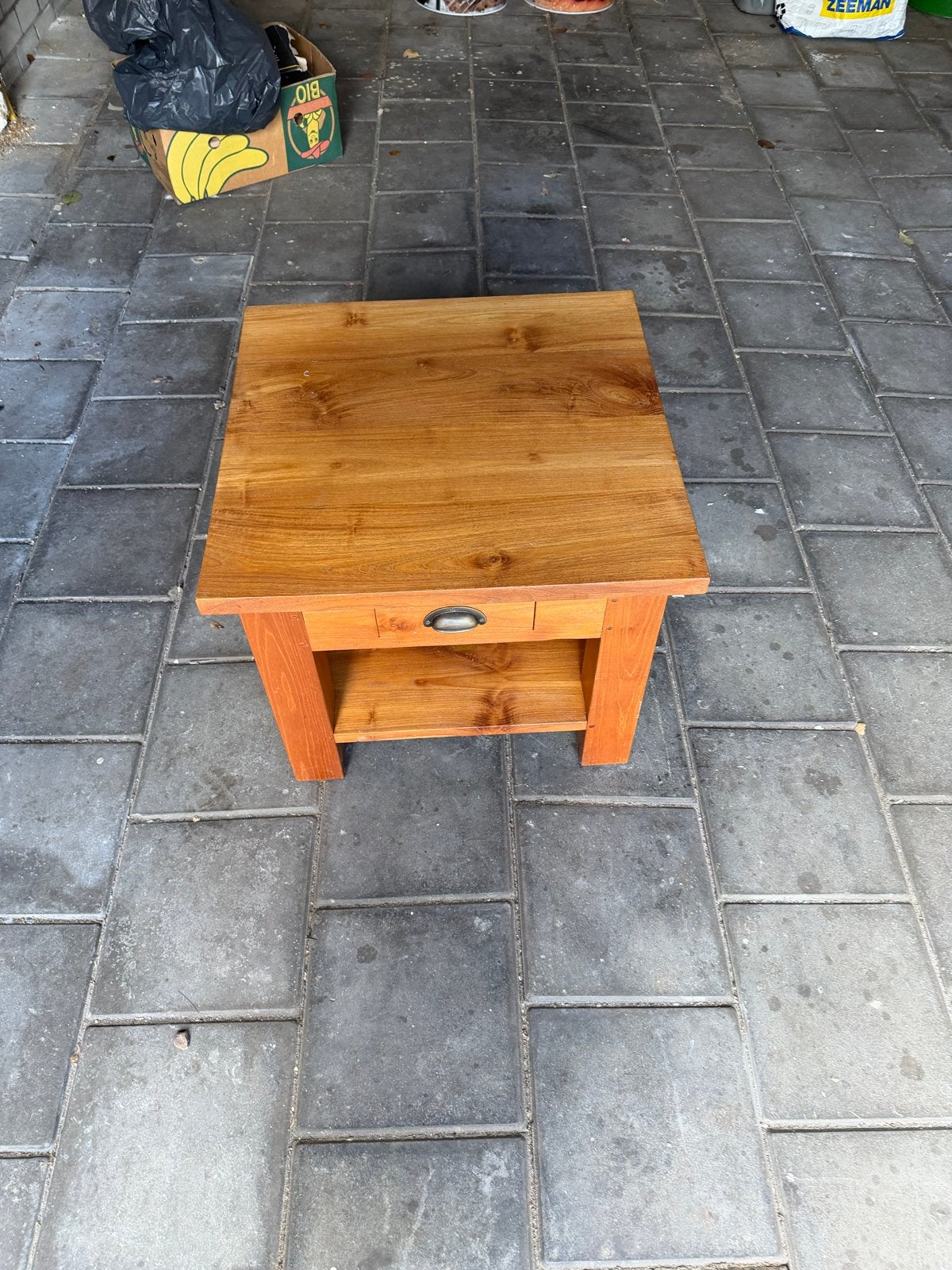 Teakhouten salontafel met lade - 60x60x45cm, Ophalen, Gebruikt, 50 tot 100 cm, 5 – 50
