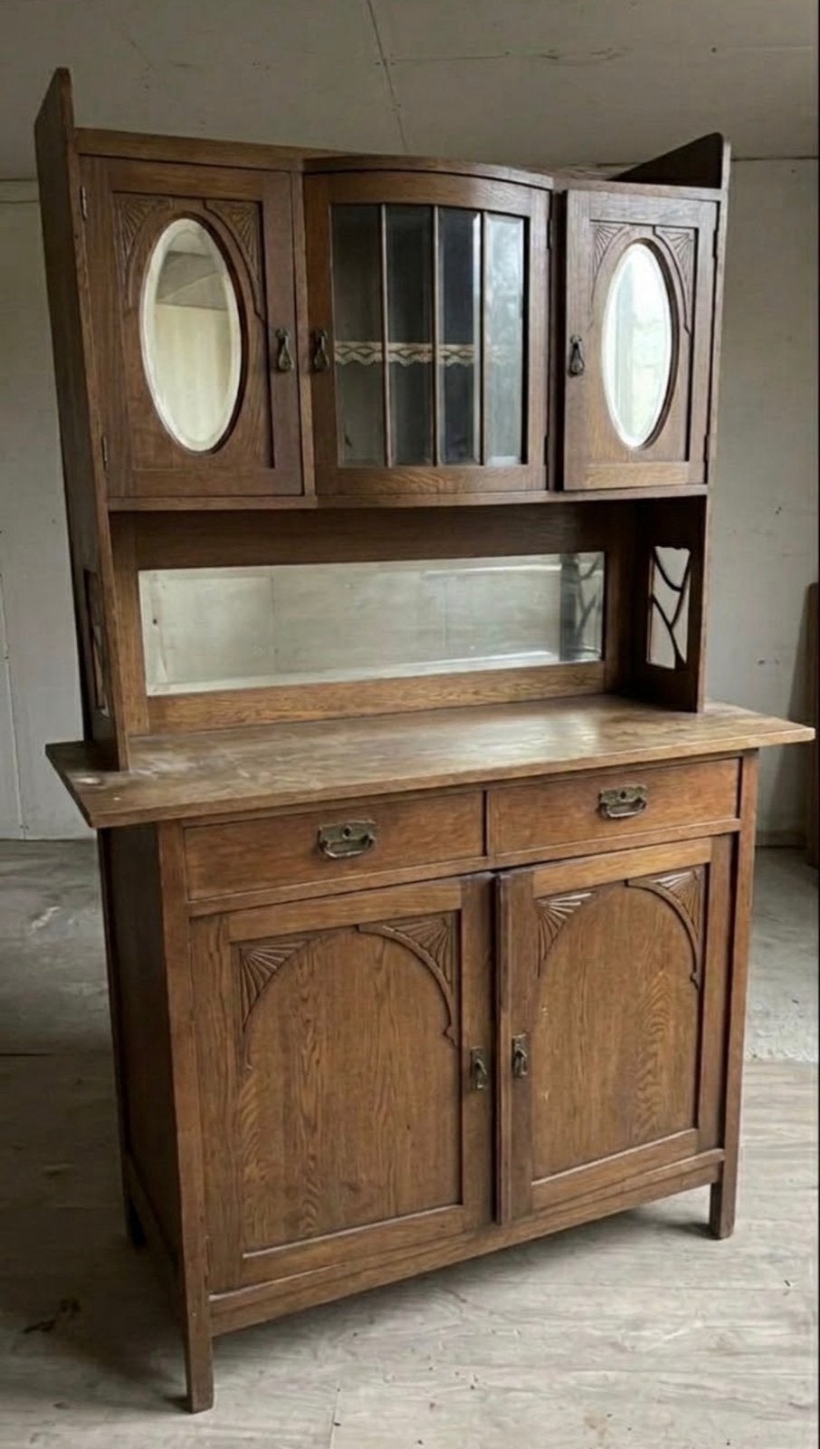 Antieke houten kast met spiegel en lades, Ophalen of Verzenden