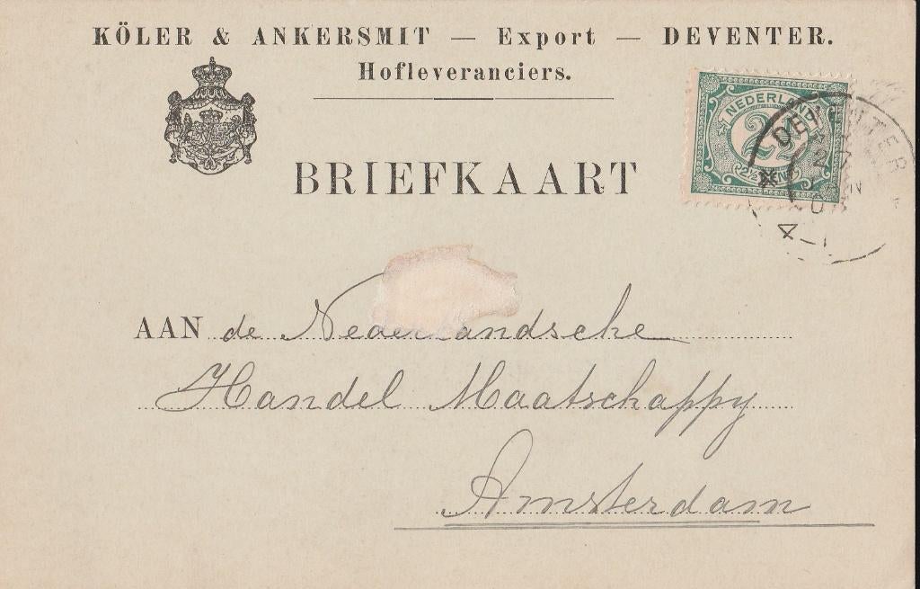 DEVENTER 1905 KOLER & ANKERSMIT Export Hofleveranciers, Ophalen of Verzenden, Voor 1920, Gelopen, Overijssel