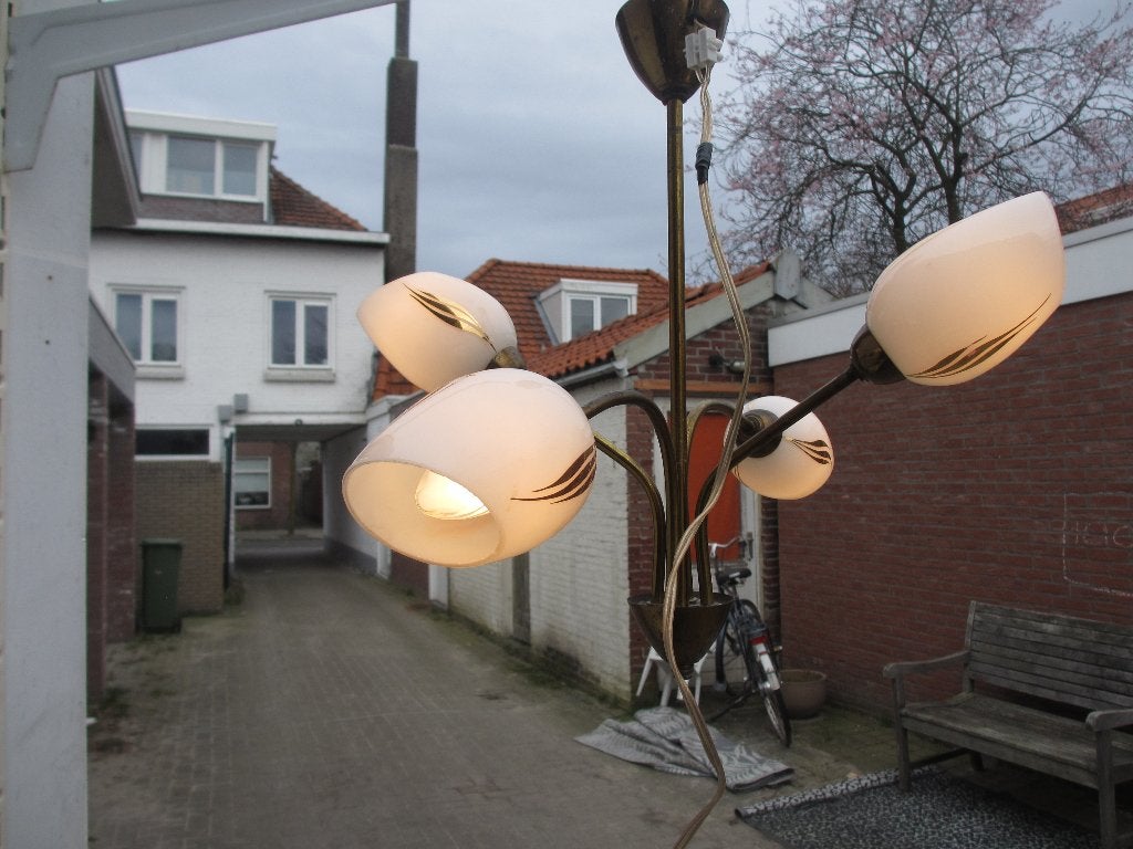Vintage hanglamp / kroonluchter met kelkjes jaren 50, Huis en Inrichting, Ophalen of Verzenden, Gebruikt, Glas, E14 (klein)