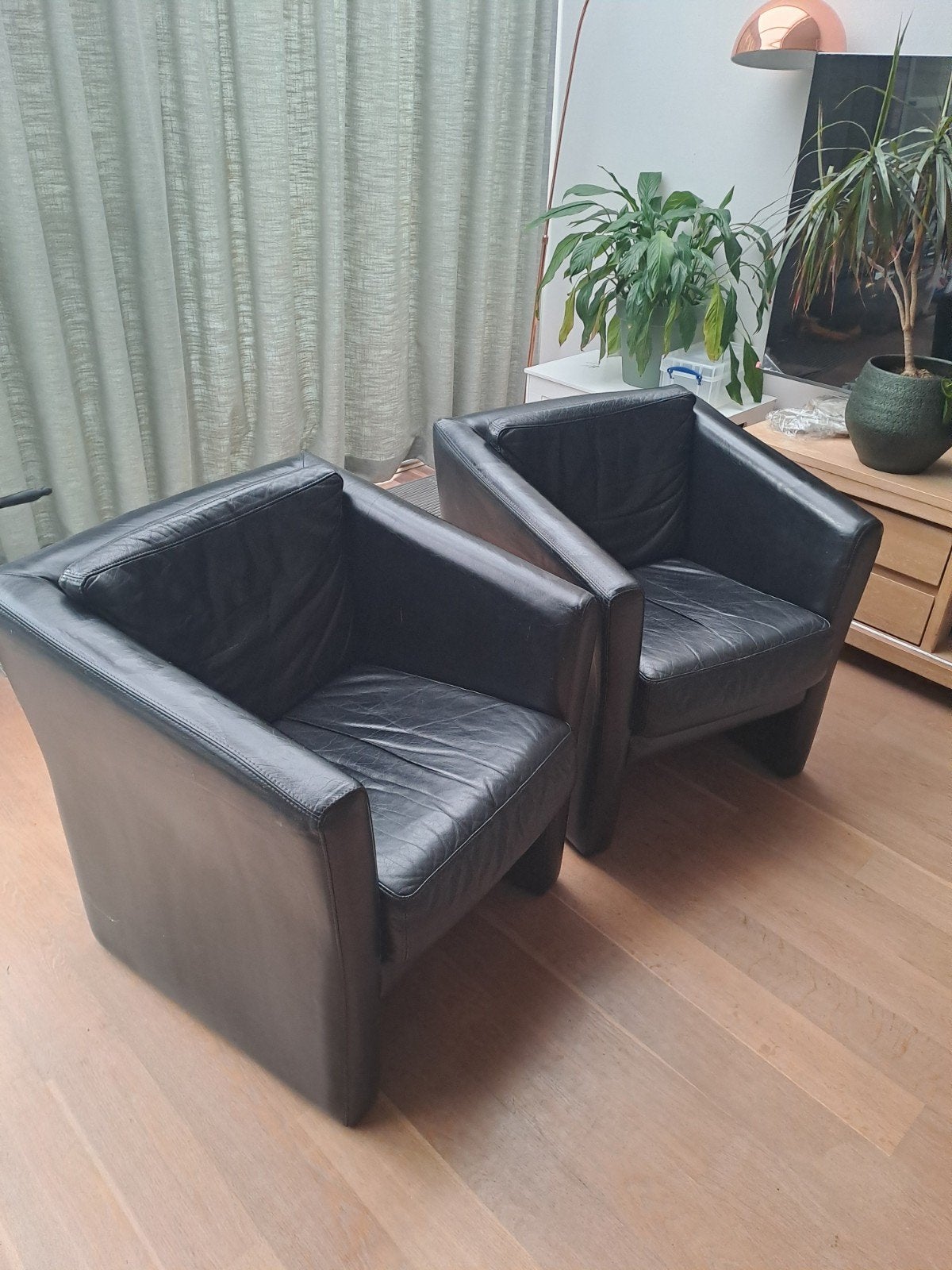 twee leren fauteuils, zwart, Huis en Inrichting, Fauteuils, Ophalen, Gebruikt, 50 tot 75 cm, Leer