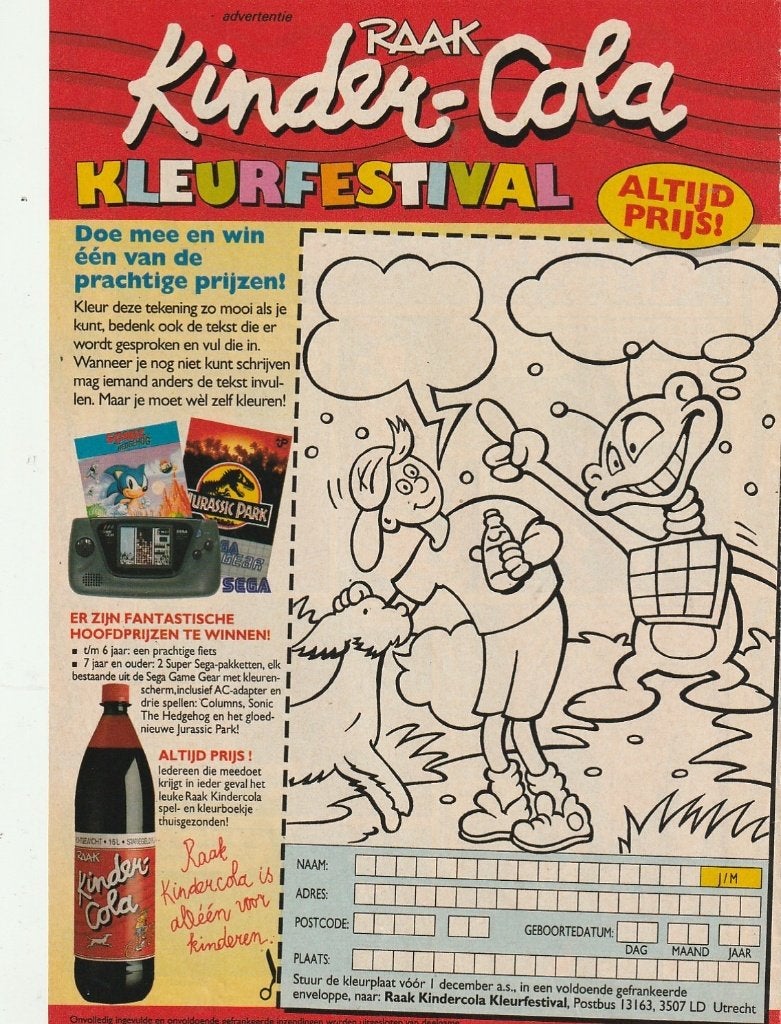 retro reclame 1995 Raak frisdrank kindercola kleurfestival, Verzenden, Overige typen