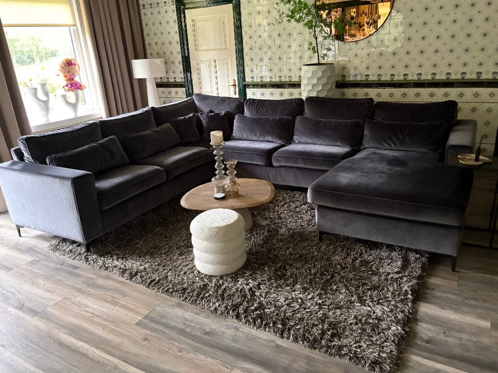 Grijze/Antraciet velvet hoekbank / complete zithoek, Ophalen, Hoekbank, 300 cm of meer, Zo goed als nieuw