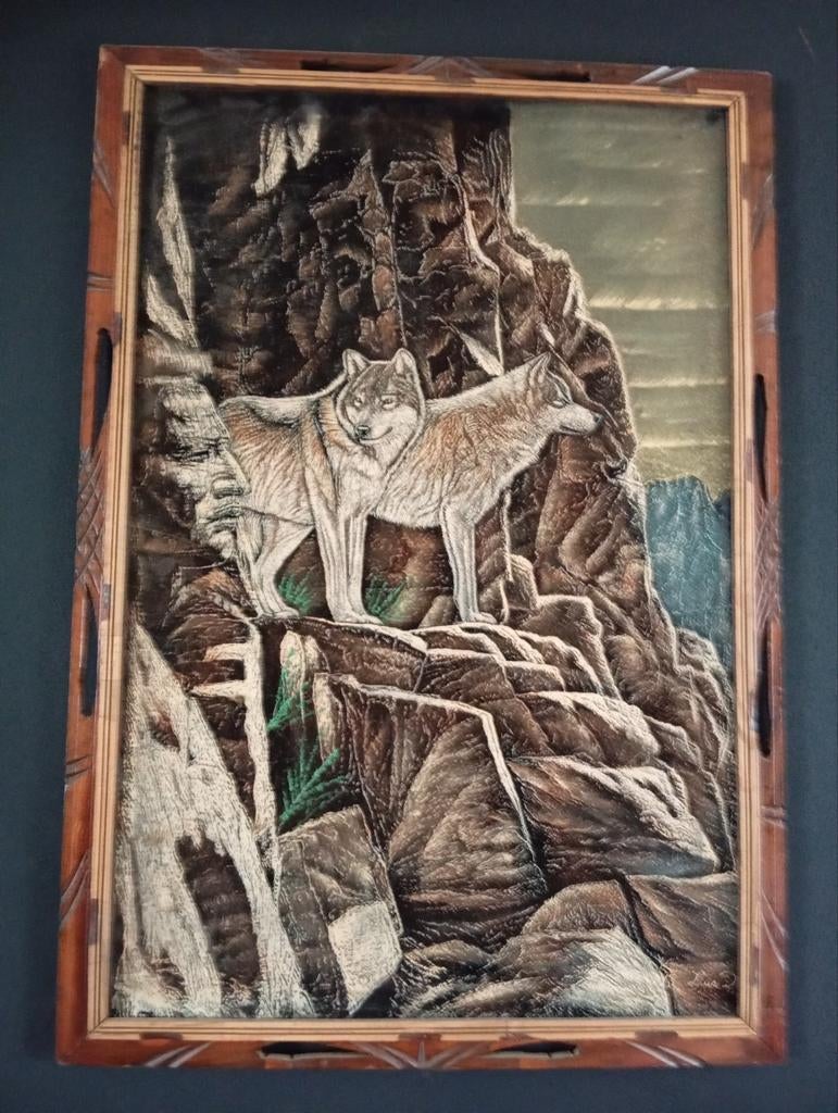 Schilderij indianen wolf fluweel, Antiek en Kunst, Kunst | Schilderijen | Klassiek, Ophalen