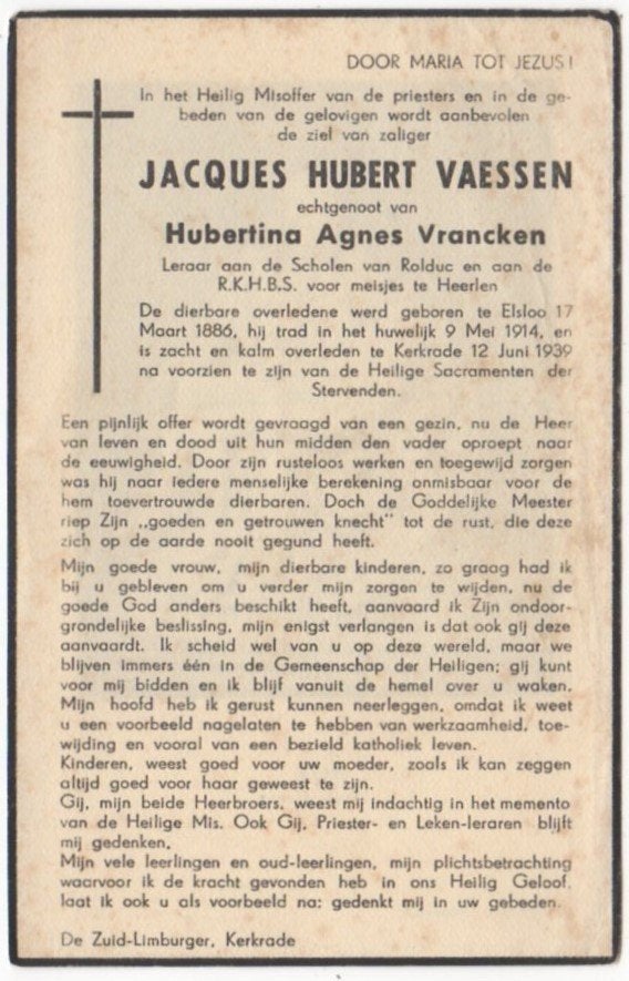 Rolduc  Jacques H. Vaessen 1886 Elsloo + 1939 Kerkrade, 53 j, Ophalen of Verzenden