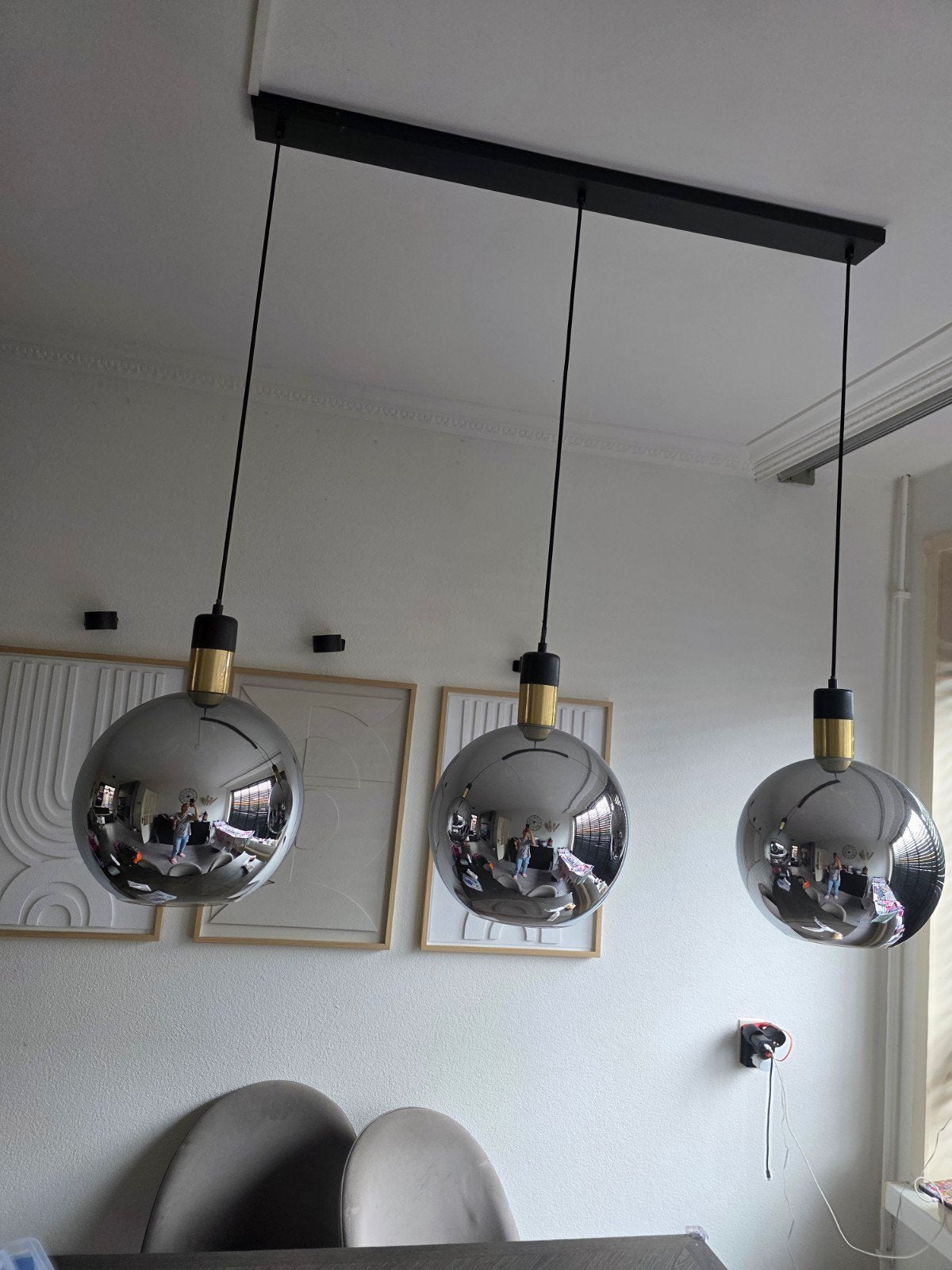 Set van 2 moderne hanglampen met spiegelglas, Huis en Inrichting, Lampen | Hanglampen, Modern, Industrieel, Zo goed als nieuw