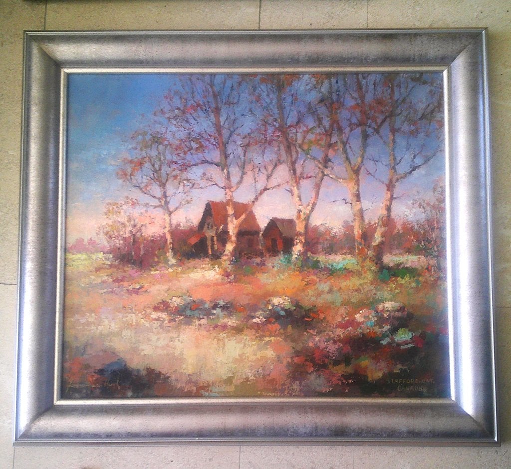 Landschap met huizen in Canada - Jan van den Hurk 1917-2000, Doek, Impressionistisch, Ophalen of Verzenden, Olieverf