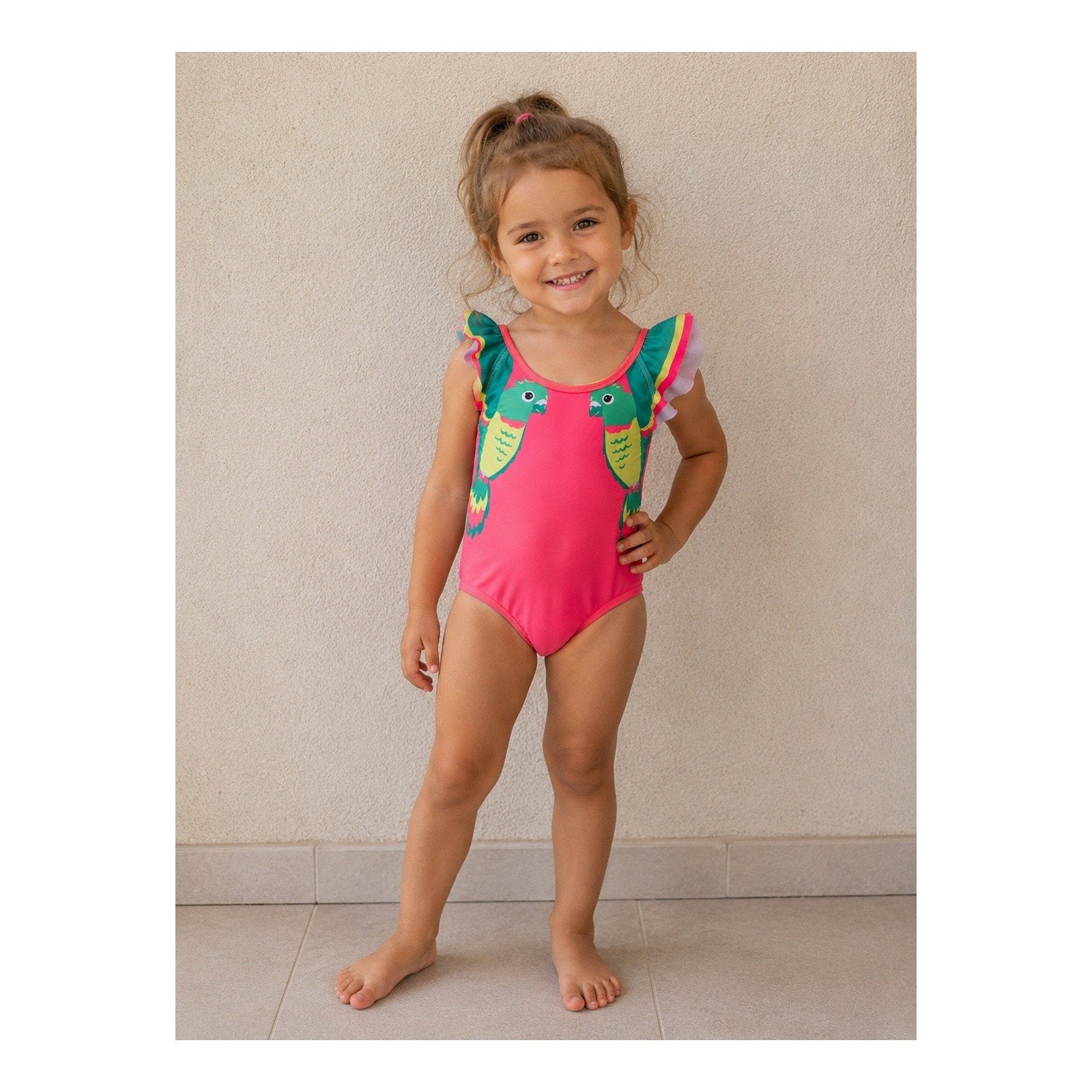 H&M Badpak met papegaaienprint, maat 98/104, Kinderen en Baby's, Babykleding | Baby-zwemkleding, Gebruikt, Meisje, Ophalen of Verzenden