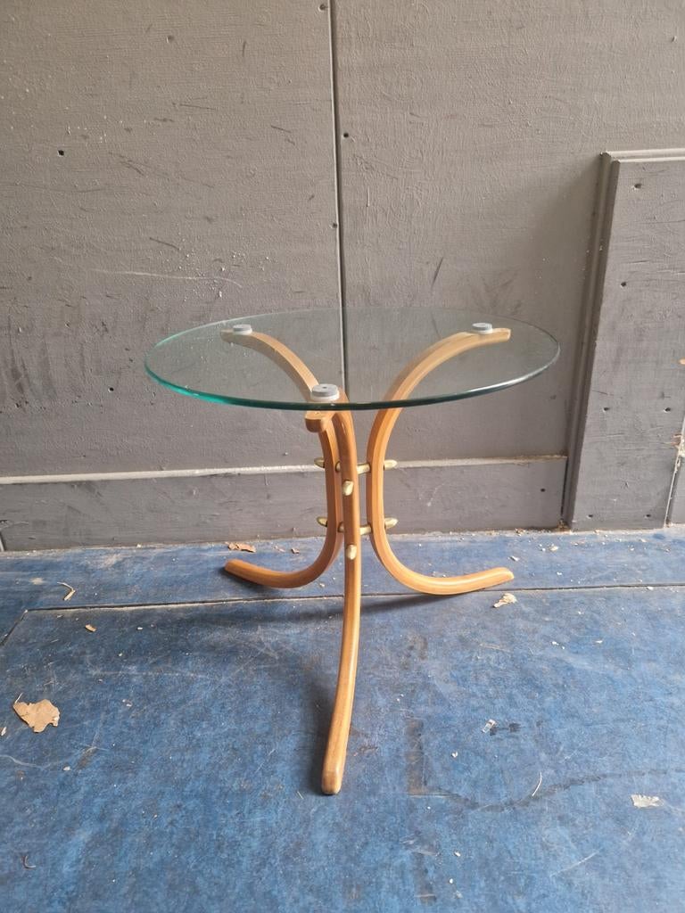 Bijzettafel Deens design met glazen blad, Minder dan 55 cm, Rond, Glas, Ophalen