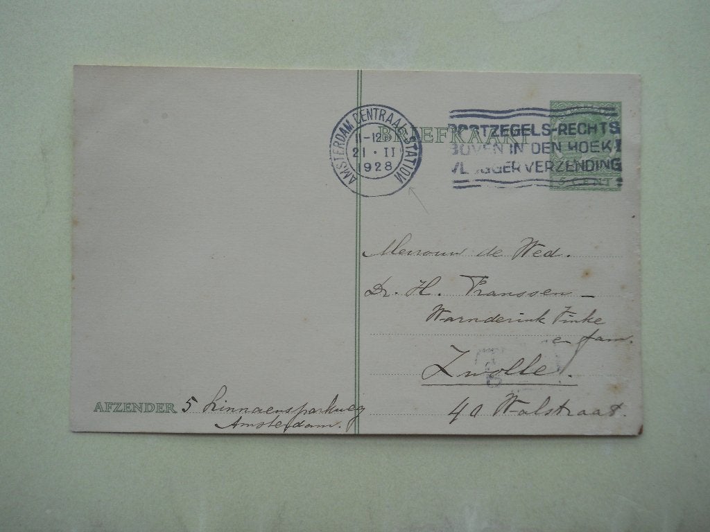 Nederland 1926 Briefkaart Kon.Wilhelmina Amsterdam CS Zwolle, Ophalen of Verzenden, T/m 1940, Gestempeld