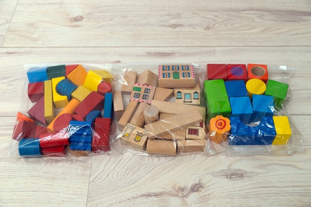 3 zakken houten speelblokken, Ophalen of Verzenden