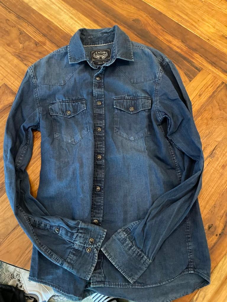 Celio Slim Fit Denim Overhemd Maat S, Kleding | Heren, Ophalen of Verzenden, Gedragen, Blauw, Halswijdte 38 (S) of kleiner