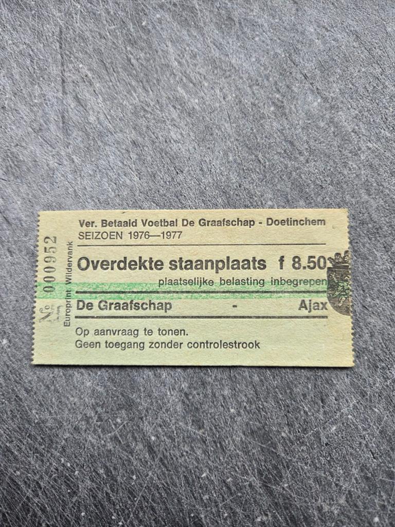 Ticket Graafschap - Ajax 09-01-1977, Ophalen of Verzenden, Gebruikt, Ajax, Poster, Plaatje of Sticker