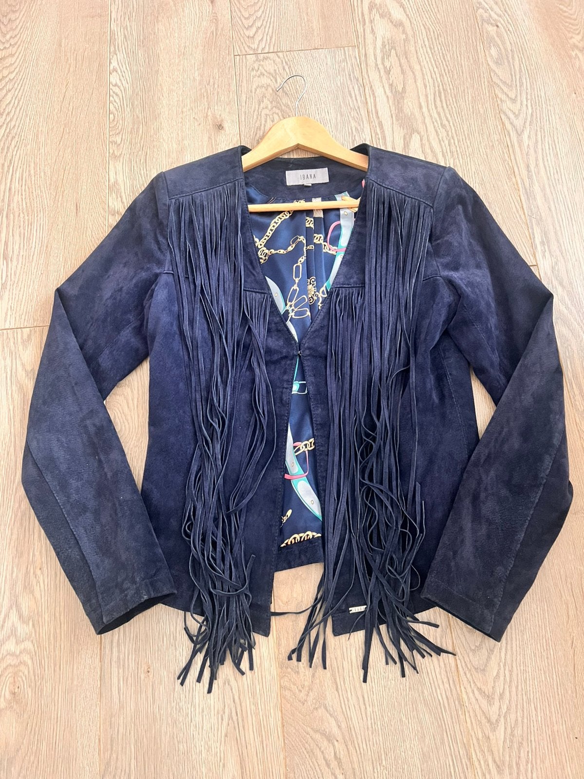 Western fringe jas leer navy blauw, Ophalen of Verzenden, Zo goed als nieuw, Maat 38/40 (M), Blauw
