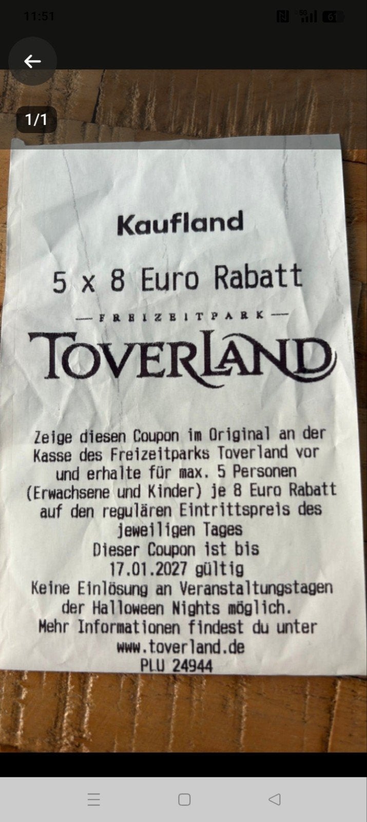 5 x 8 euro korting toverland, Tickets en Kaartjes, Recreatie | Pretparken en Attractieparken, Drie personen of meer, Kortingskaart