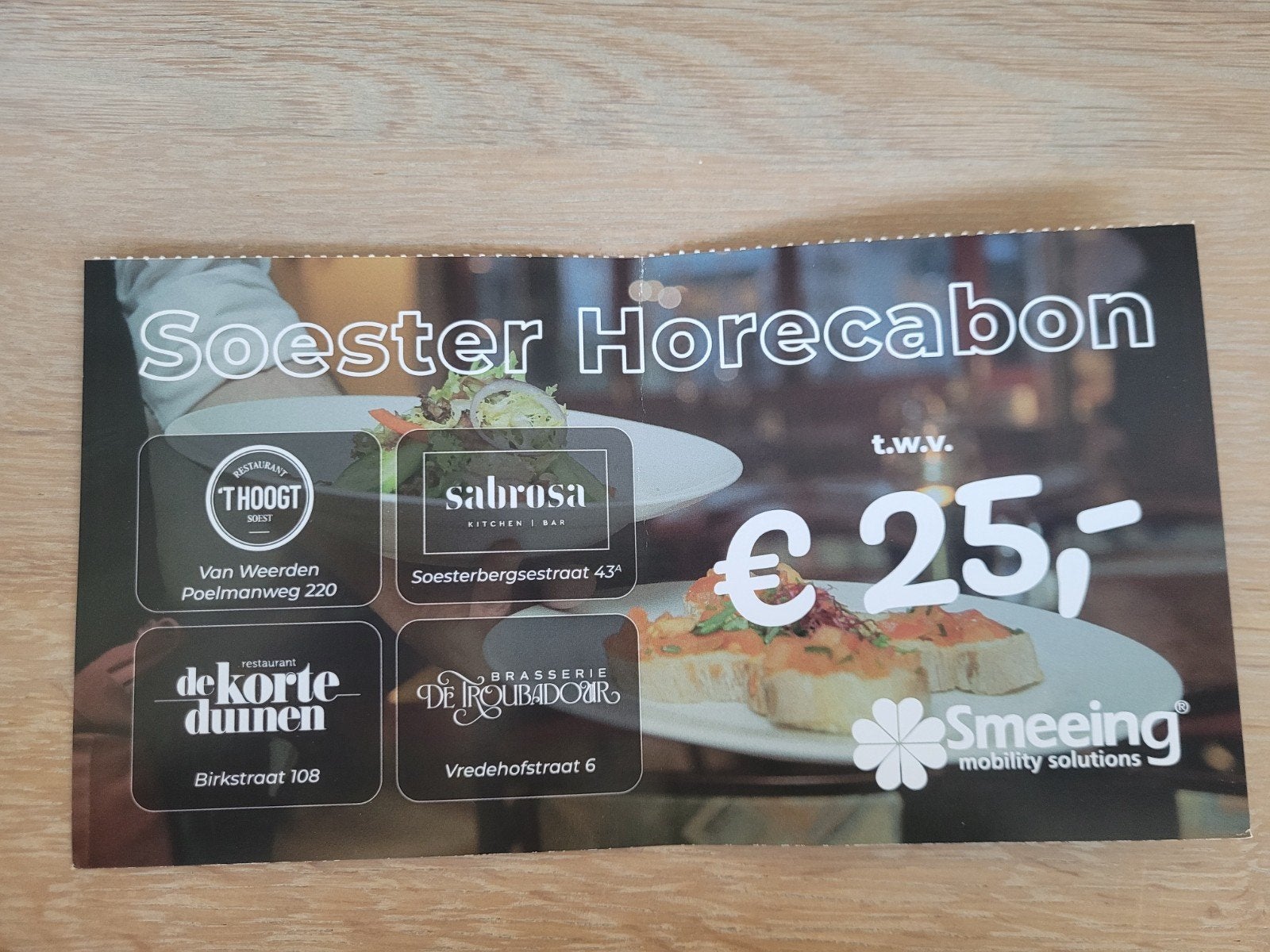 horecabon twv 25 euro, te besteden in Soest, Tickets en Kaartjes, Eén persoon, Cadeaubon