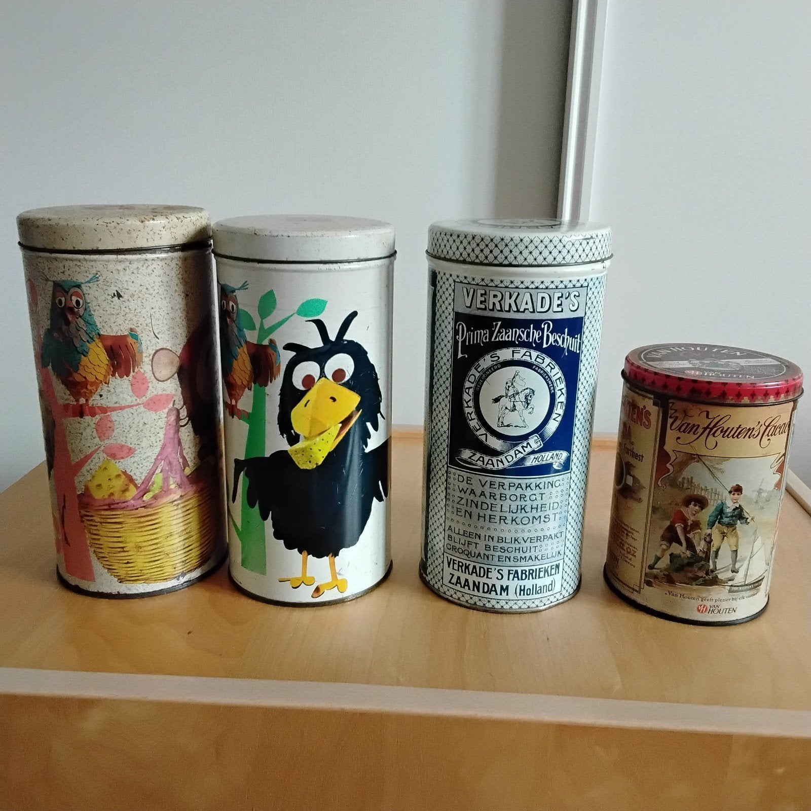 Vintage 3 beschuitbussen en 1 bus Van Houten's cacao, Ophalen of Verzenden, Gebruikt