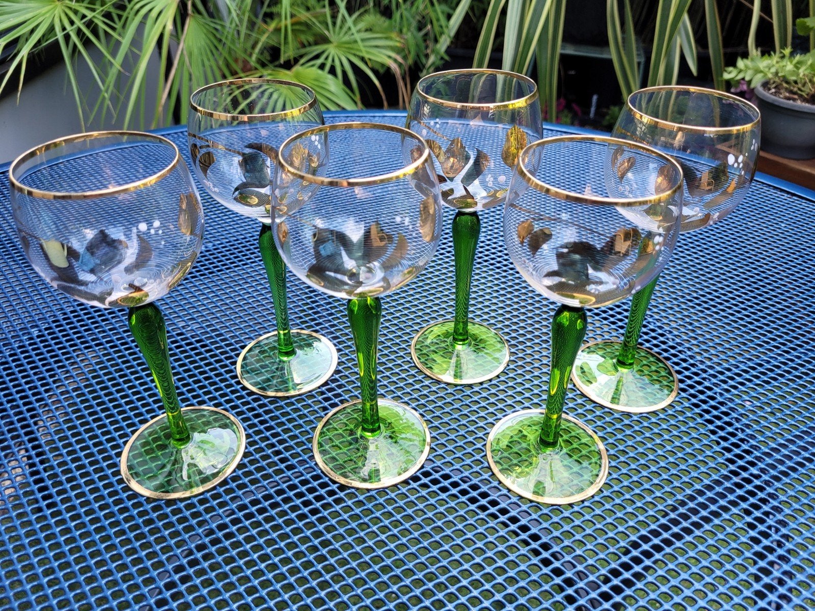 Set van 6 Vintage Groene Wijnglazen met Gouden Rand, Ophalen