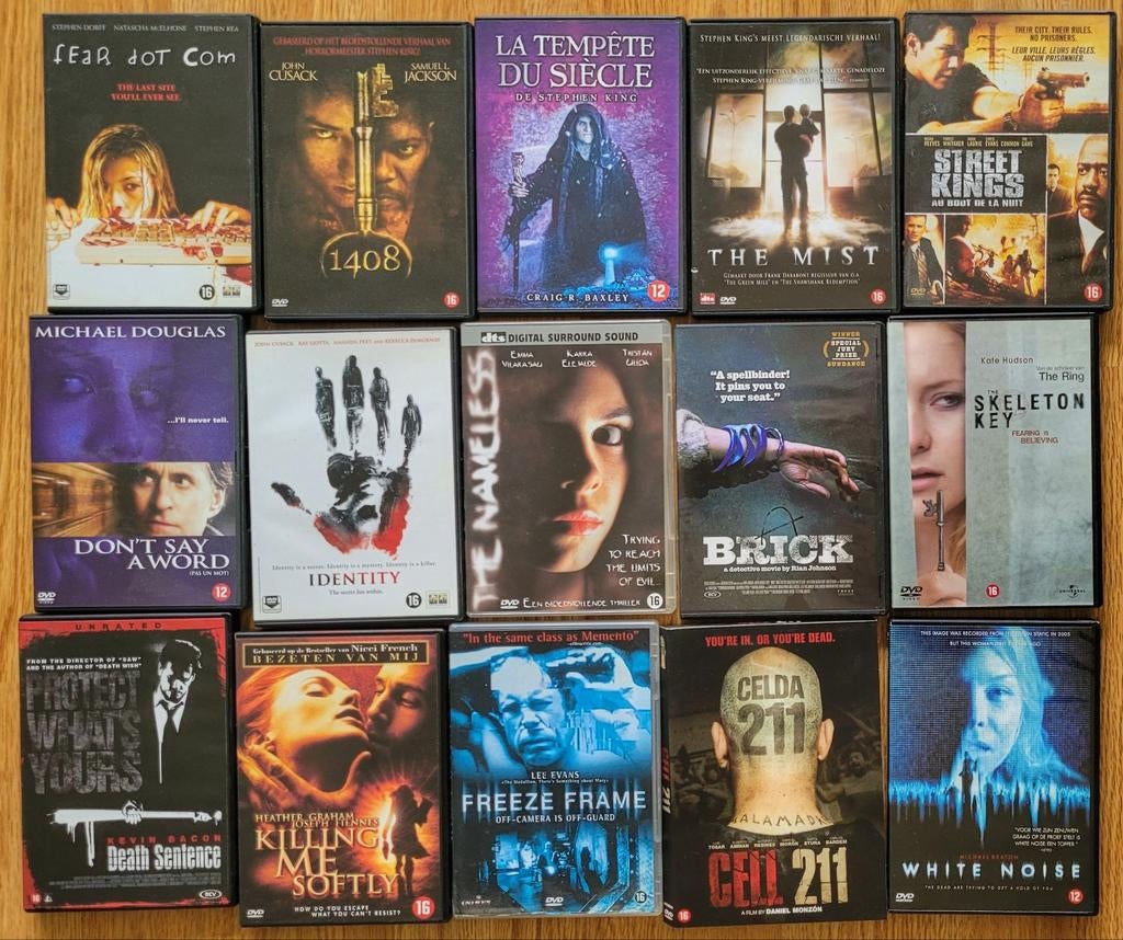 15 Horror/Thriller DVD's - Stephen King, Michael Douglas, Vanaf 16 jaar, Ophalen of Verzenden, Gebruikt