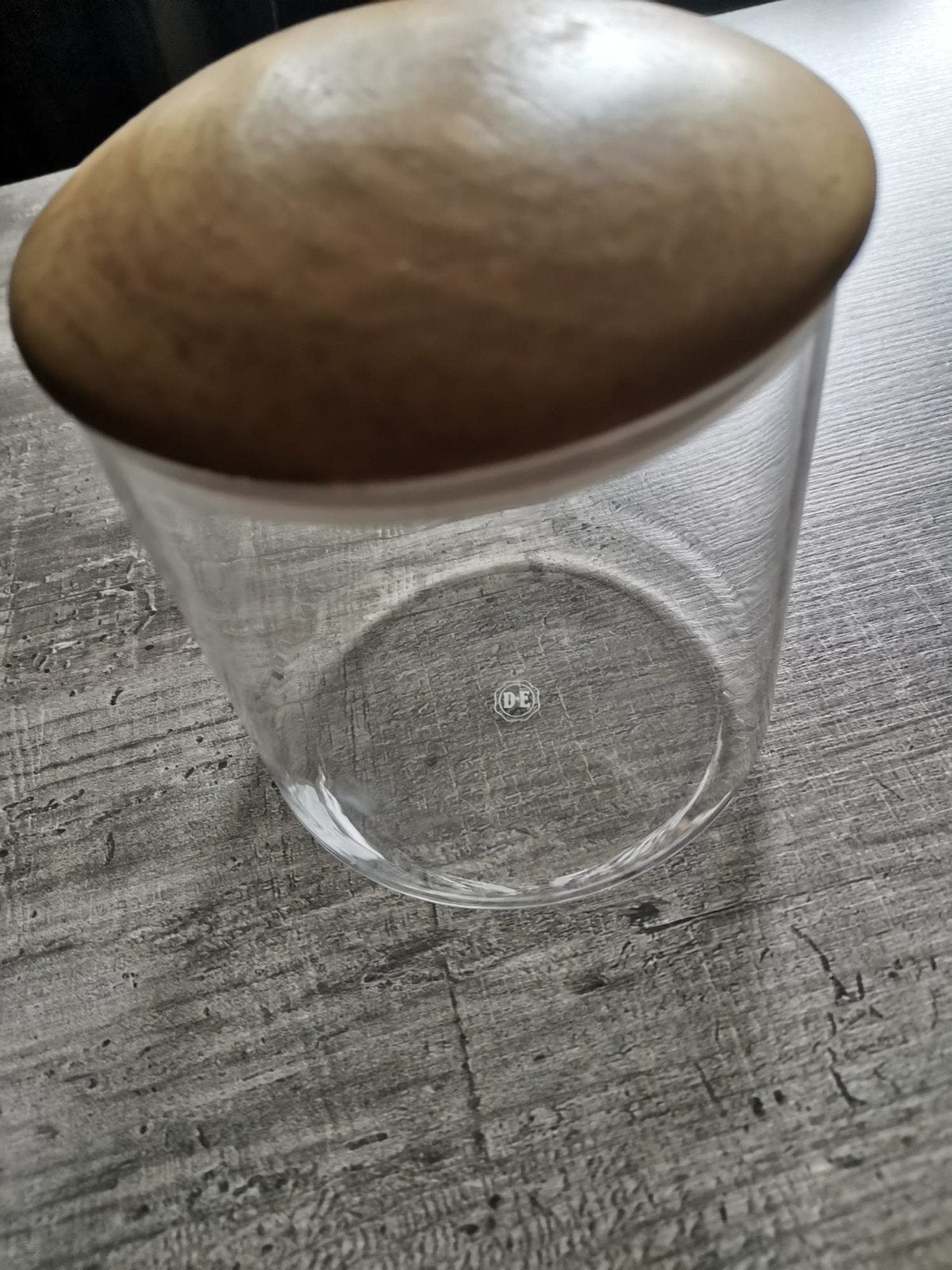 Douwe Egbert glazen voorraadpot met houten deksel, Ophalen of Verzenden, Voorraadpot, Overige merken, Glas