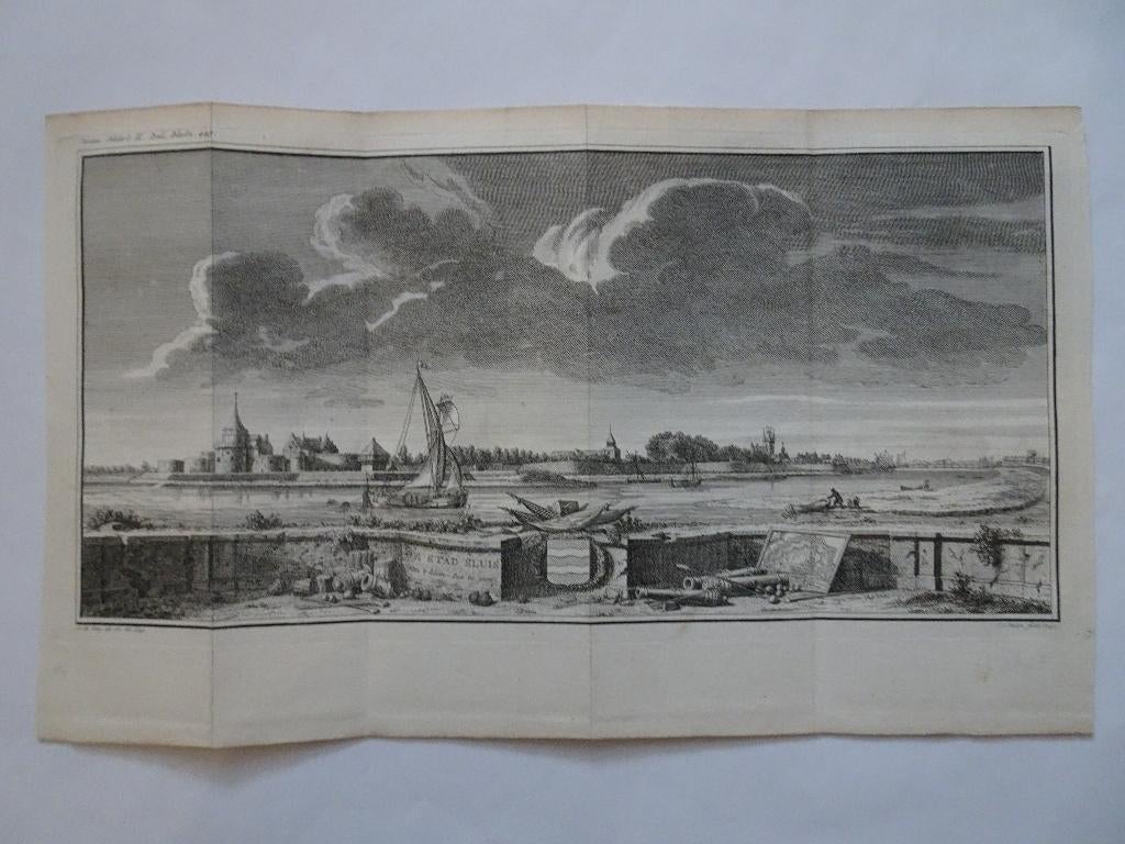 gravure Stad Sluis Zeeuws Vlaanderen Zeeland JC Philips 1745, Verzenden, Stadsgezicht, Gravure, Origineel