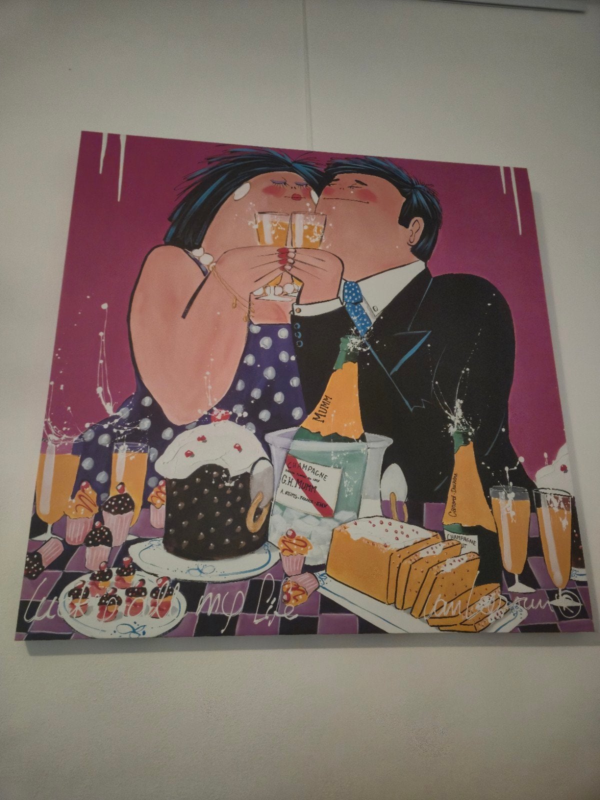 Vrolijk schilderij van een stel met champagne en gebak, Ophalen