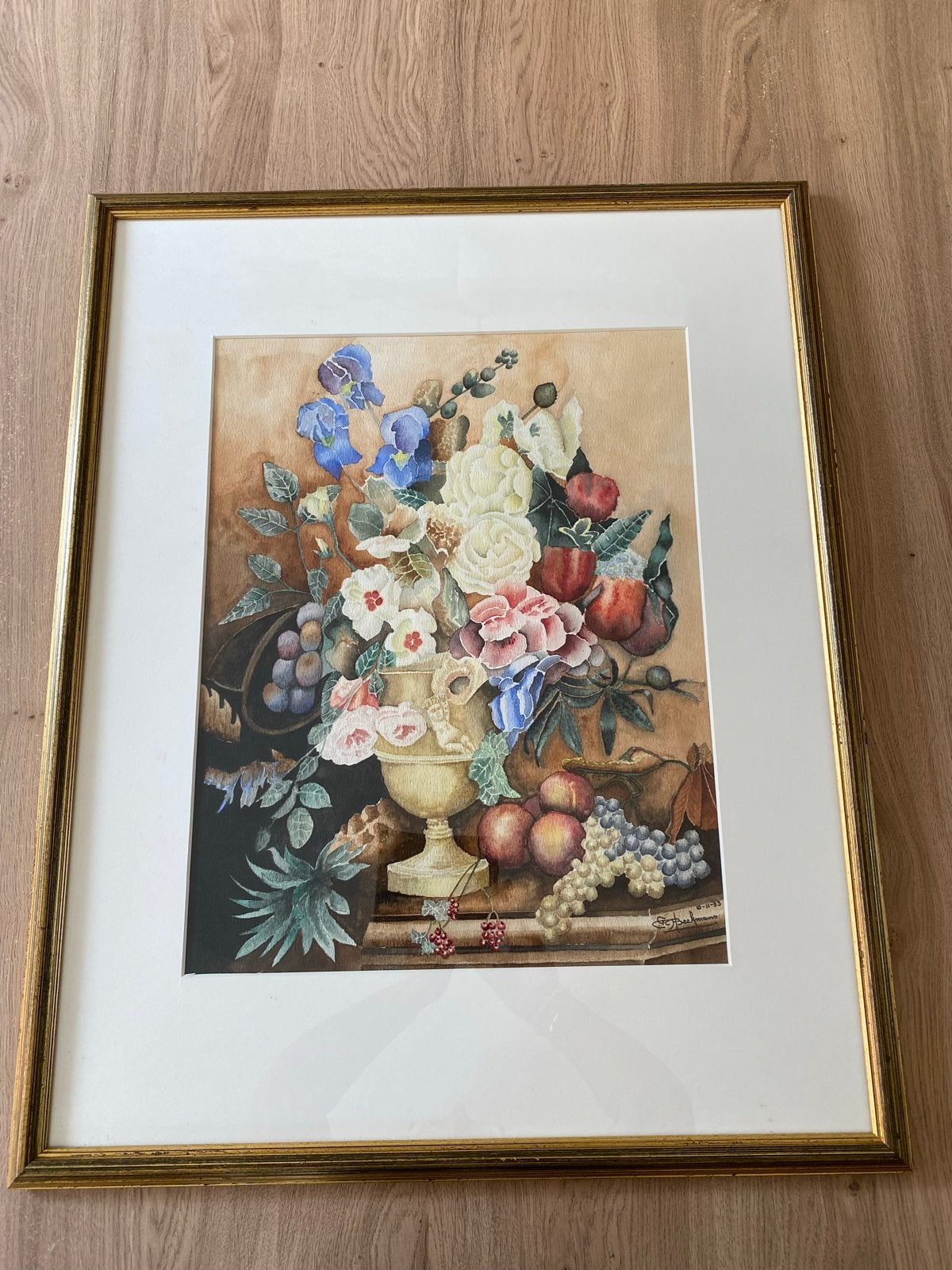 Stilleven met bloemen en fruit, aquarel, gesigneerd, Antiek en Kunst, Gedateerd, Realistisch, Stilleven, Ophalen of Verzenden