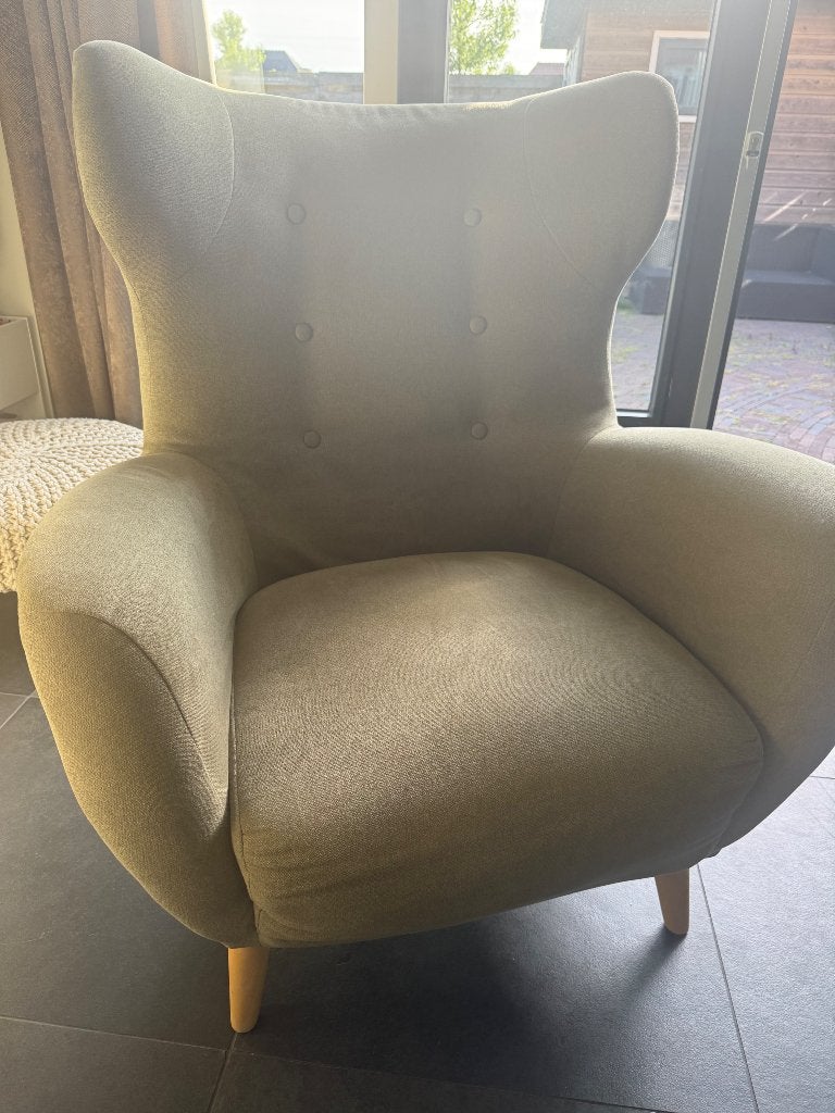 Olijf groen fauteuil, Ophalen, 75 tot 100 cm, Zo goed als nieuw, Stof