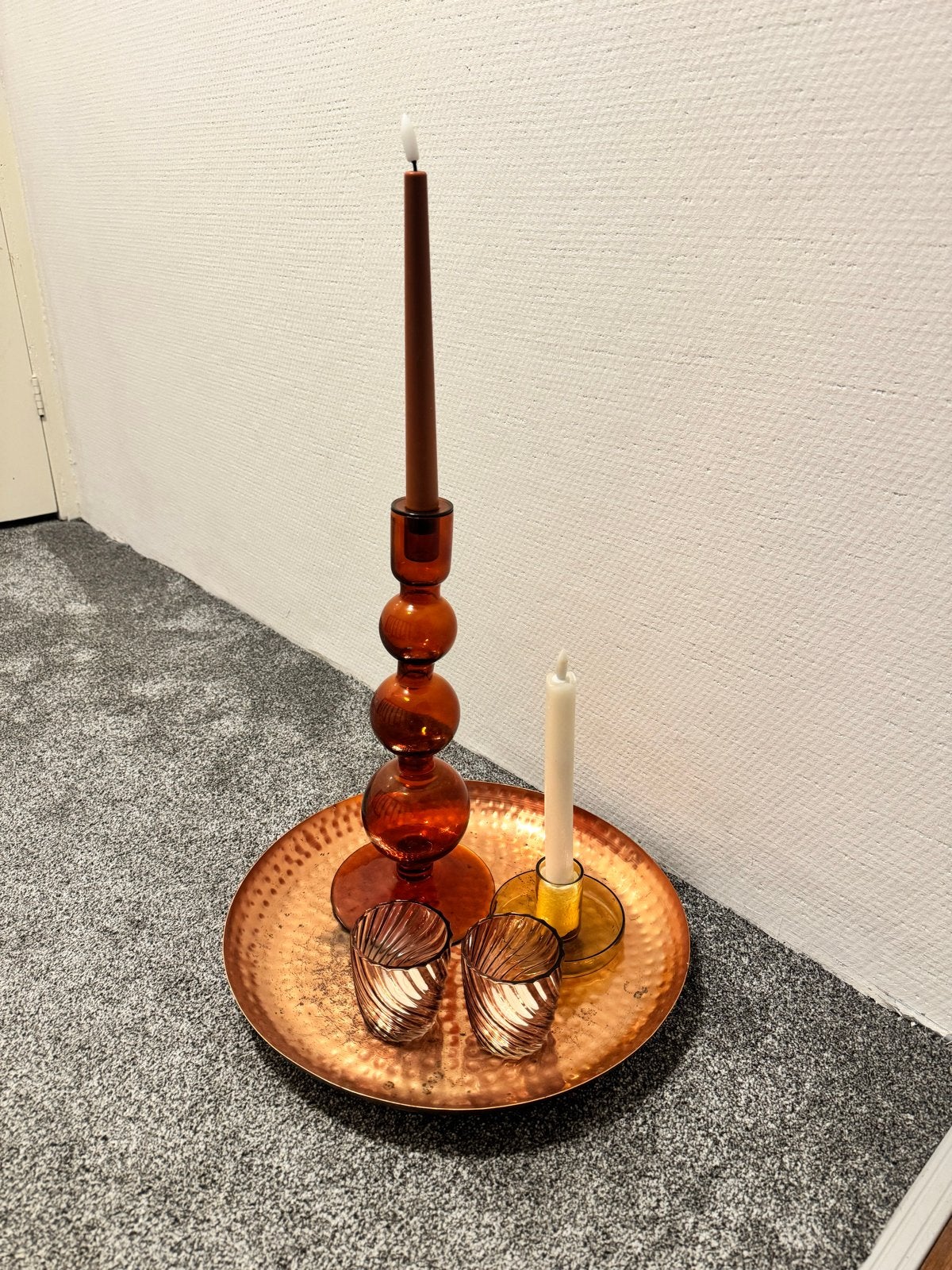 Sfeervolle Woon Decoratie Set: Kandelaars en schaal, Oranje, Ophalen of Verzenden, Kandelaar, Glas