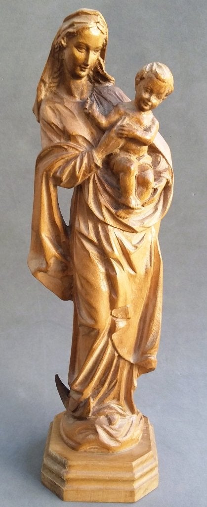 Omstreeks 1950 Lindenhout Maria met Kind Beeld Sculptuur, Gepatineerd, Ophalen of Verzenden, 20 - 50 cm, Beeld