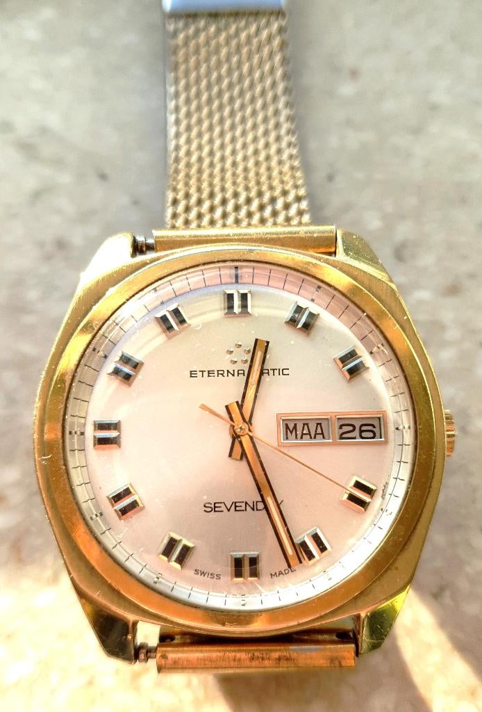 Vintage ETERNA MATIC SEVENDAY AUTOMATIC 5770230 Zwitsers, Overige merken, Staal, Polshorloge, Verguld