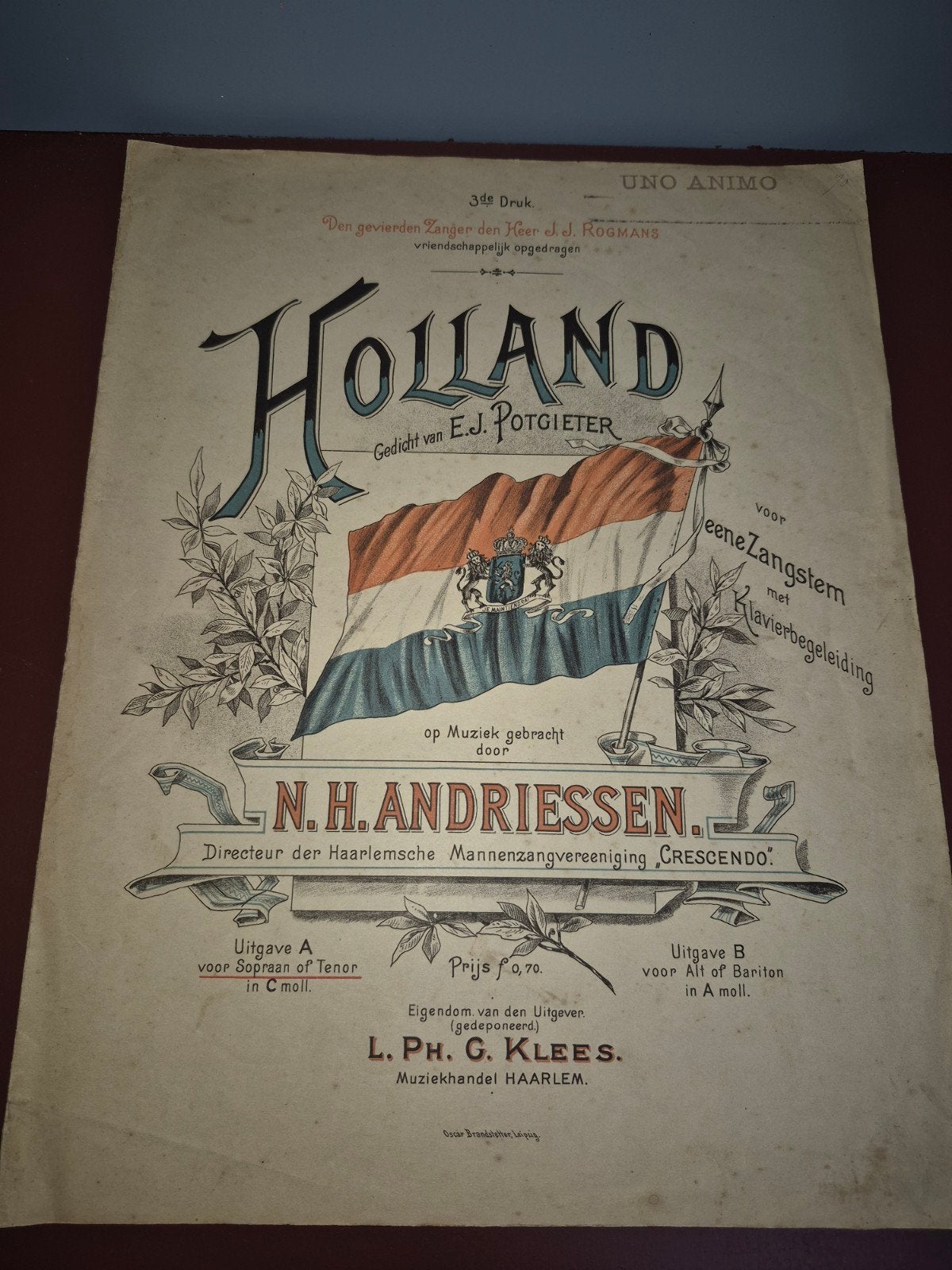 Oud muziekblad 'Holland' van N.H. Andriessen (3e Druk), Ophalen of Verzenden