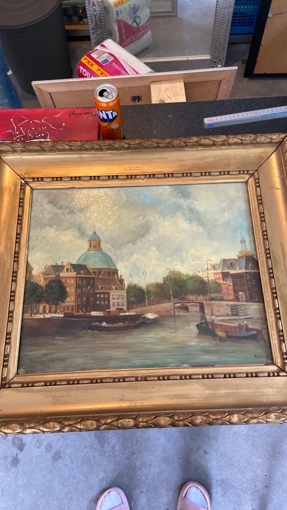 Schilderij Amsterdamse gracht met Koepelkerk, oude lijst, Ophalen