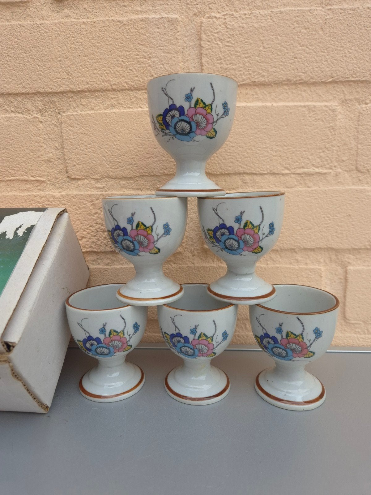 6x Vintage eierdopjes in doos., Ophalen of Verzenden