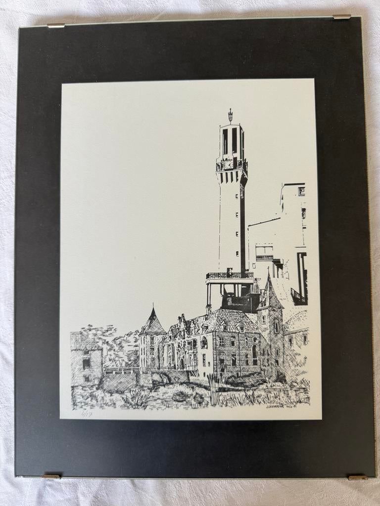 Pentekening Kasteel Twickel en Stadhuistoren Hengelo, Antiek en Kunst, Ophalen of Verzenden