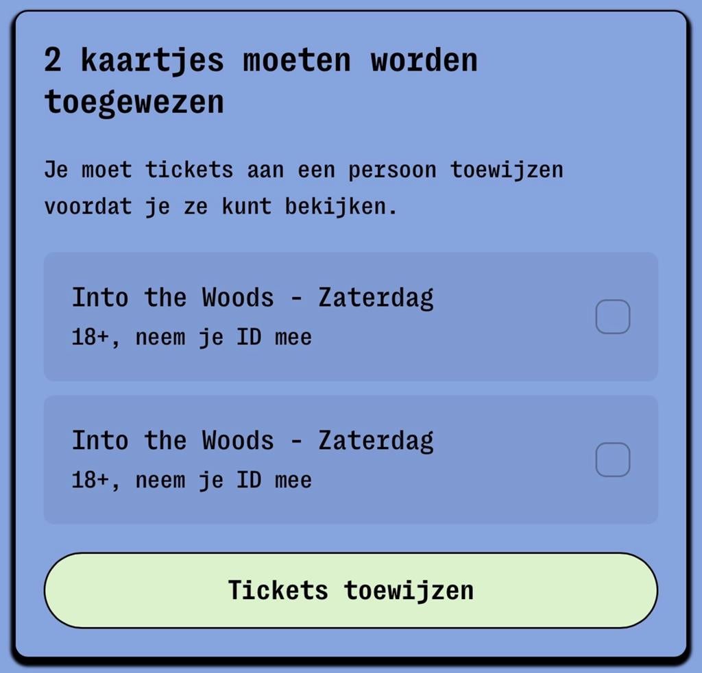 Into the woods zat 19/9, Tickets en Kaartjes, Eén persoon, Trein, Met bestemming of datum