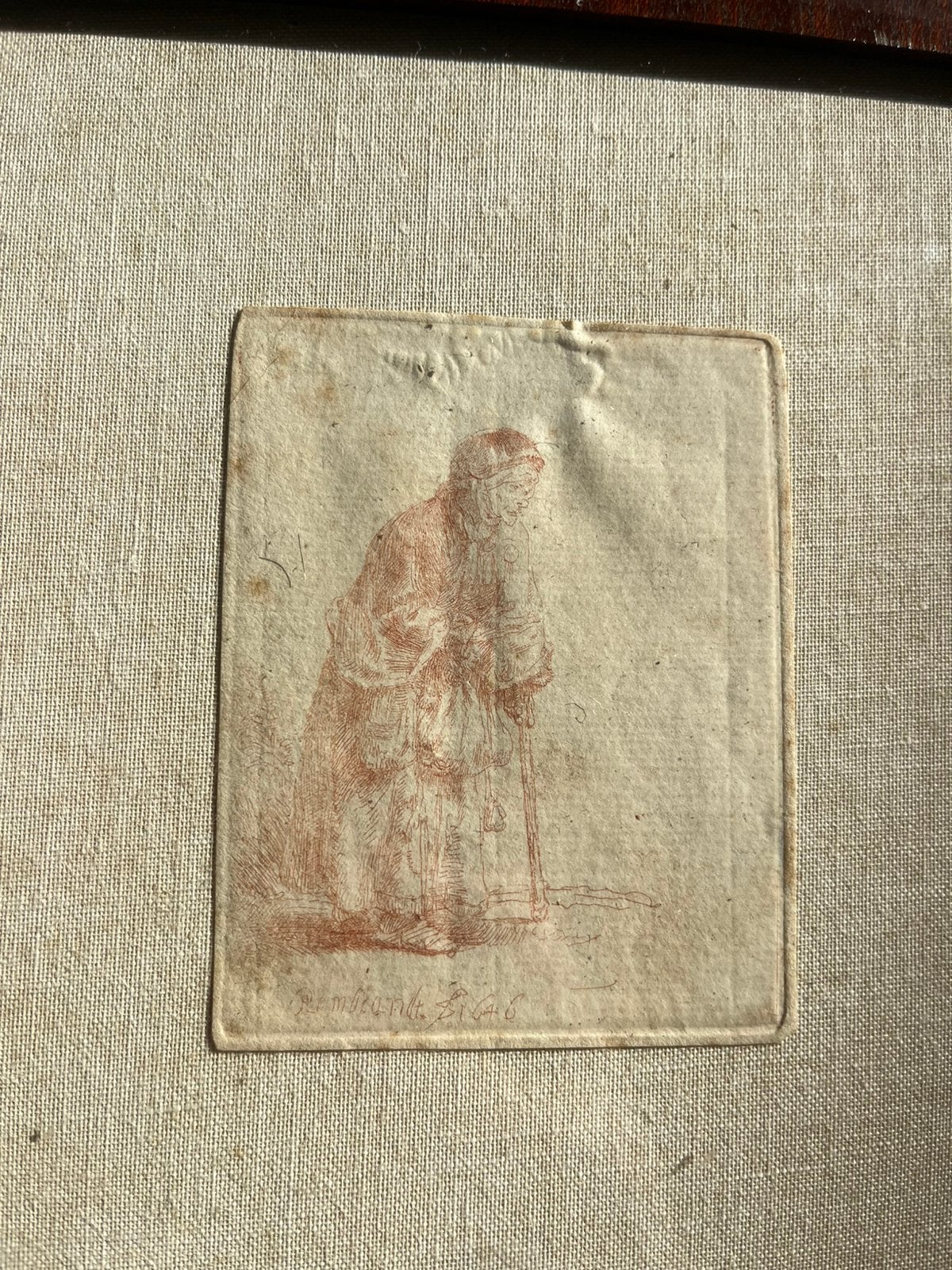 Rembrandt ets oude vrouw leunend  op stok, Antiek en Kunst, Ophalen of Verzenden