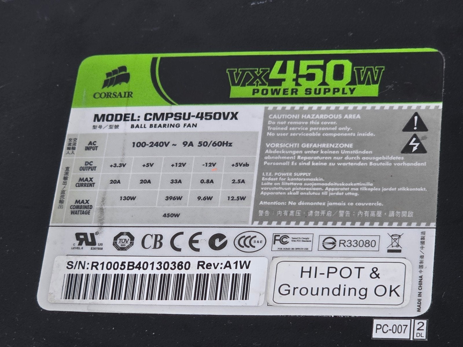 Corsair 450w max voeding psu power supply vx450w, .., Gebruikt, Ophalen of Verzenden, .