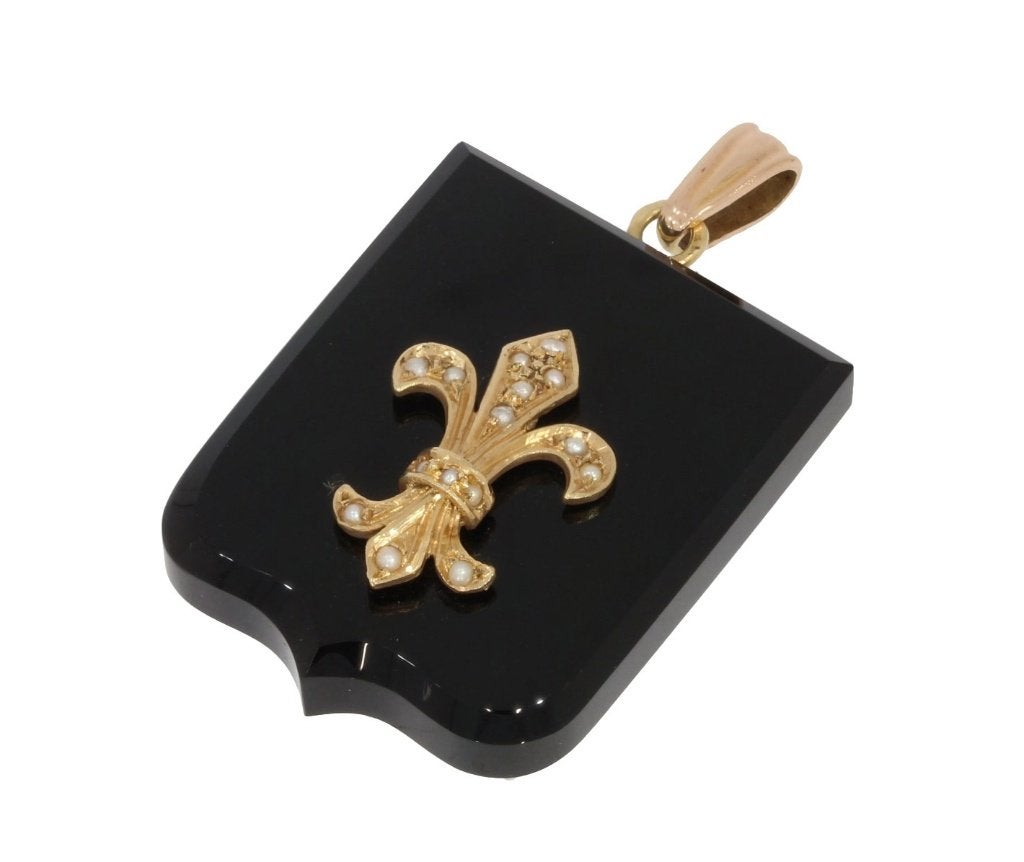 Onyx grote 14k fleur de lis ketting hanger foto medaillon, Ophalen of Verzenden, Goud, Hanger, Met edelsteen