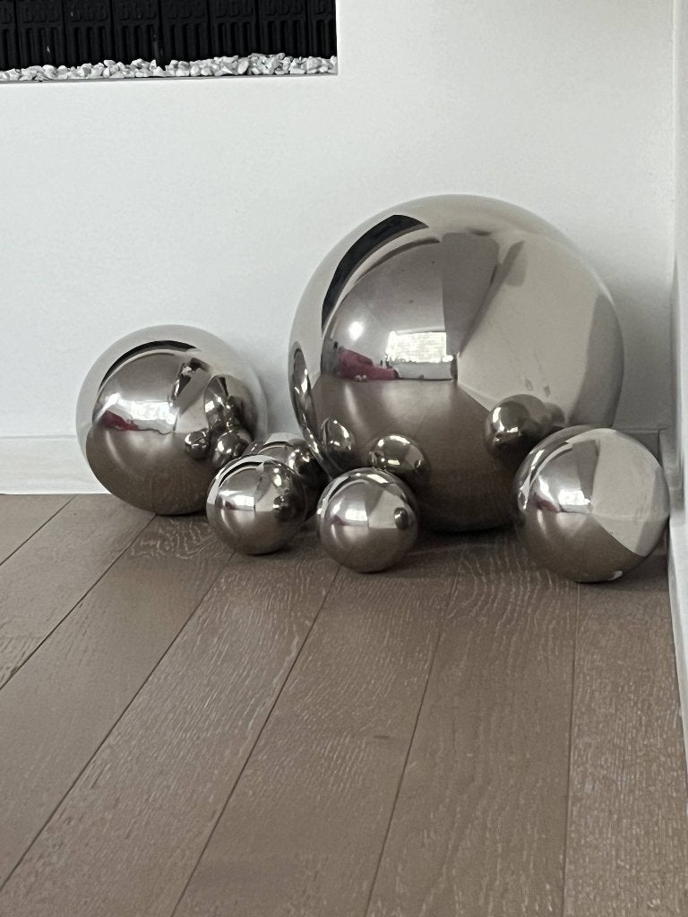 6 rvs spiegelballen, buiten/binnen 9-28cm zilver, Ophalen, Zo goed als nieuw, Zilver, Metaal