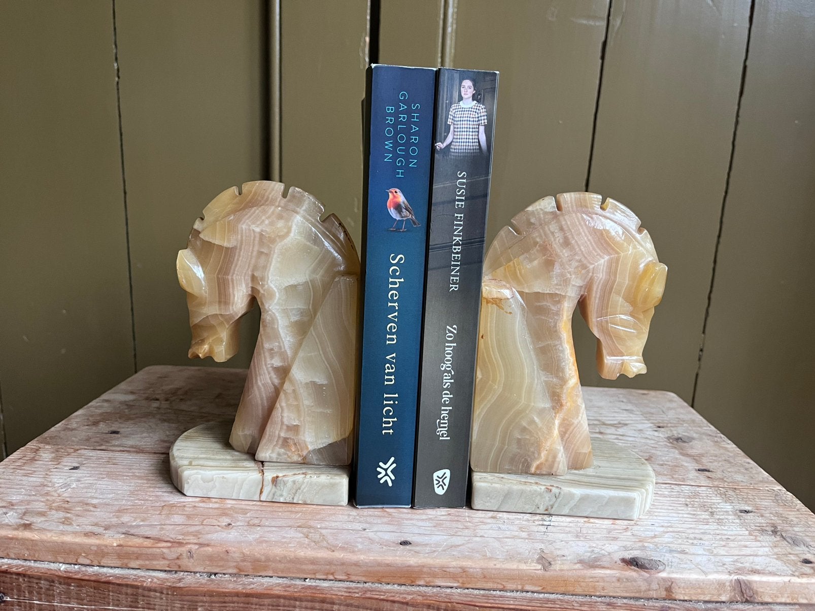 Vintage stenen boekensteunen – paarden – onyx/marmer, Ophalen of Verzenden, Zo goed als nieuw