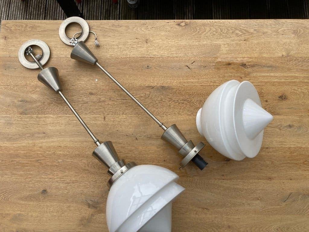 Twee Gispen hanglampen, Gebruikt, Ophalen of Verzenden, Glas, Gispen; design