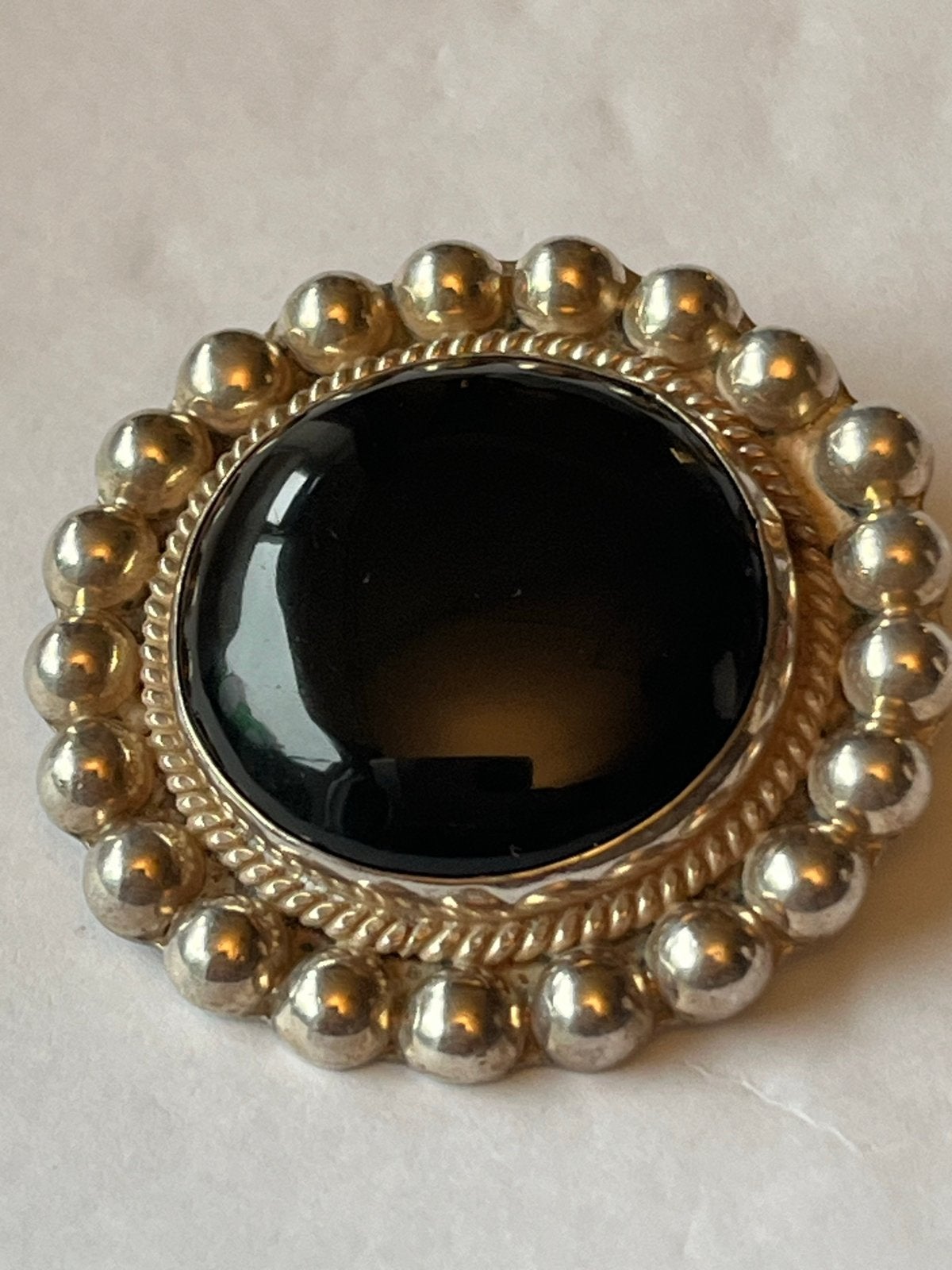 Zilveren hanger/broche Mexico Onyx - Diameter 4 cm, Verzenden, Zwart, Zo goed als nieuw, Zilver